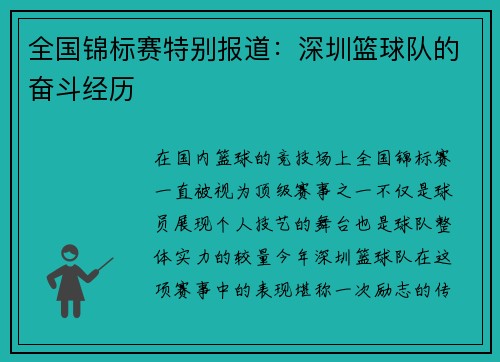 全国锦标赛特别报道：深圳篮球队的奋斗经历