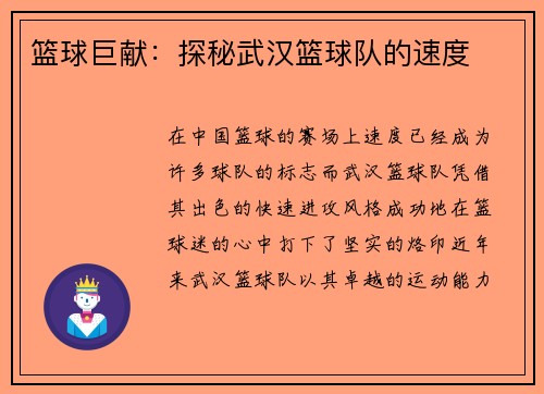 篮球巨献：探秘武汉篮球队的速度