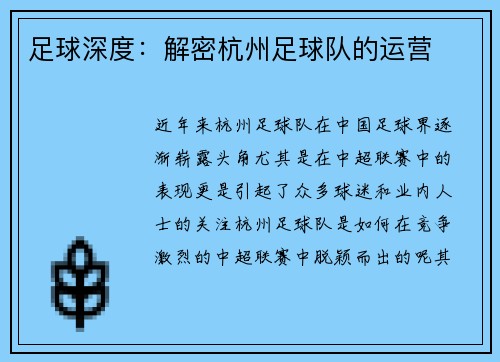 足球深度：解密杭州足球队的运营