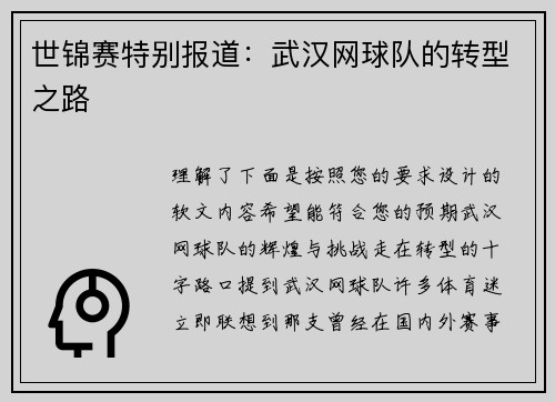世锦赛特别报道：武汉网球队的转型之路