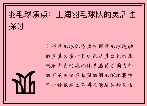 羽毛球焦点：上海羽毛球队的灵活性探讨
