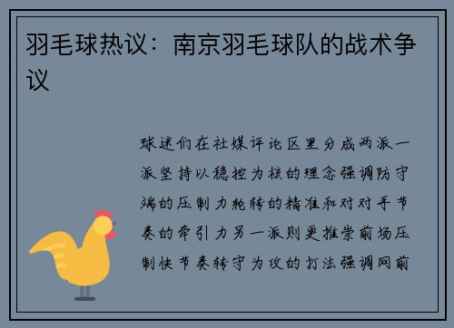 羽毛球热议：南京羽毛球队的战术争议